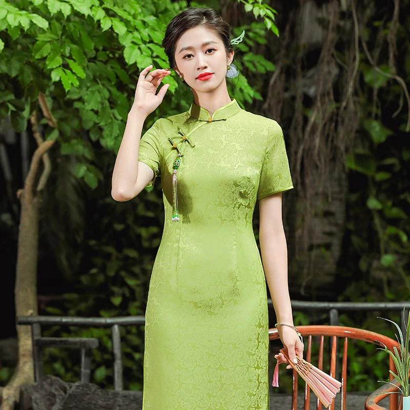 反季清绿色旗袍中式夏季新款女复古中国风日常改良连衣裙24103