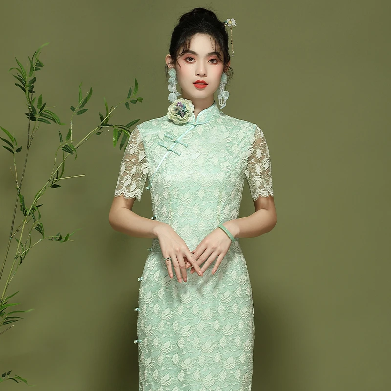 中国风旗袍新款女气质年轻款蕾丝日常改良长款连衣裙绿色