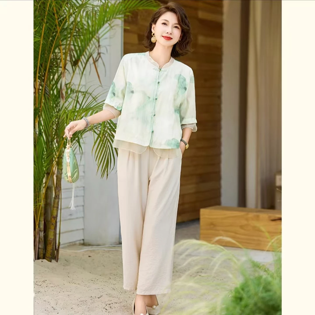 4526荷塘月色中年妈妈装夏装国风两件套新款洋气中老年套装（正）