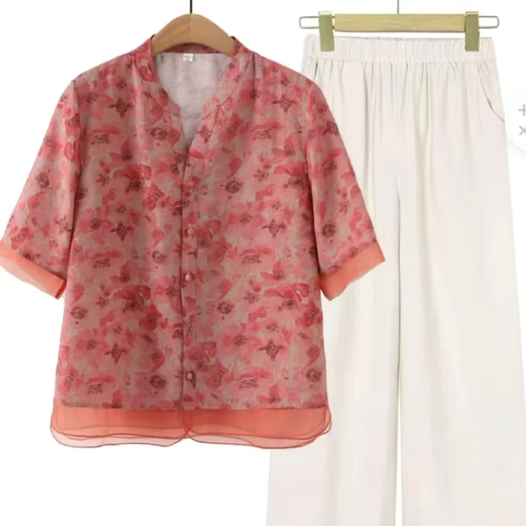 5043 妈妈夏装七分袖衬衫中女装夏季国风上衣裤子套装 C4-5-2