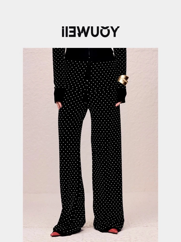 YOUWEI有尾女装运动裤休闲松紧腰雪尼尔波点长裤Y5424311黑色