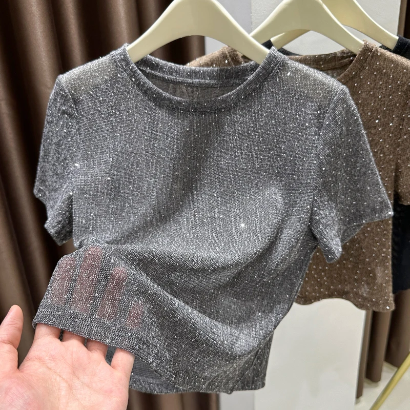 灰色镂空蕾丝衫重工烫钻细闪圆领短袖上衣女夏季正肩T恤薄款内搭