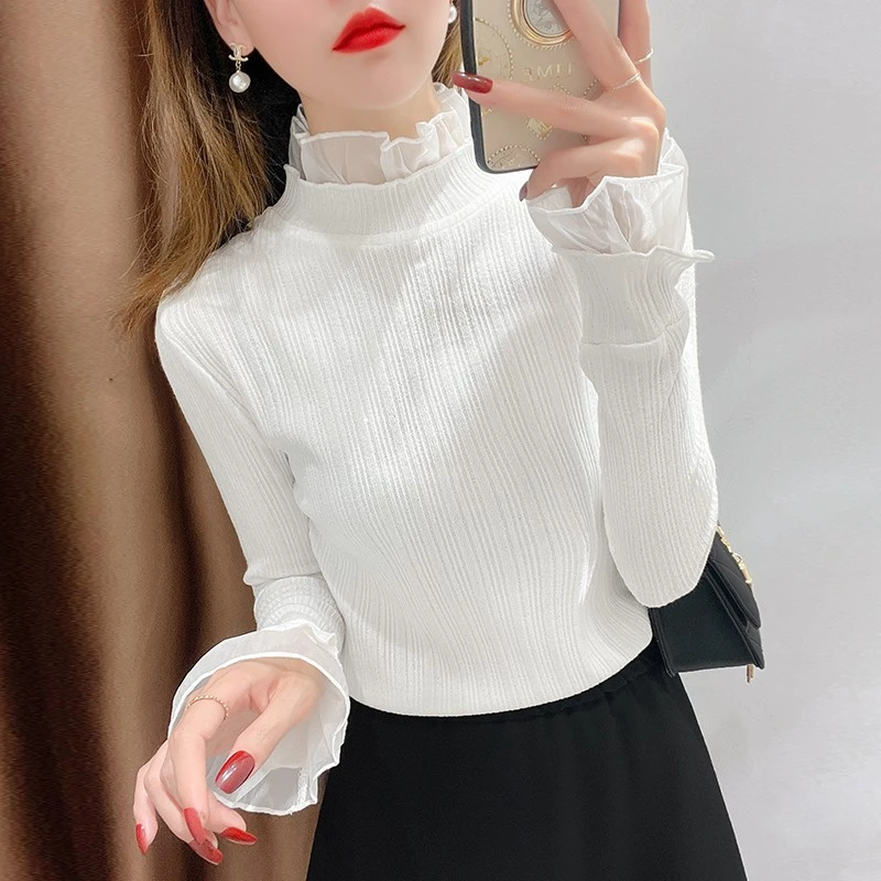 蕾丝高领毛衣女春秋时尚内搭薄款打底衫针织衫女洋气白色亮丝上衣