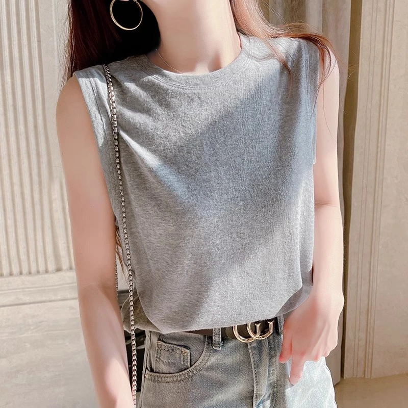 灰色坎肩背心女夏季宽松薄款打底内搭休闲无袖t恤砍袖外穿上衣