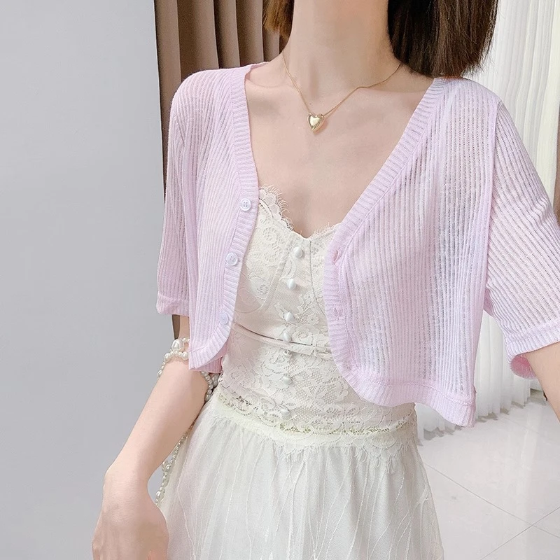 紫色冰丝短袖开衫女夏季薄款防晒吊带裙外搭披肩短款天丝罩衫外套