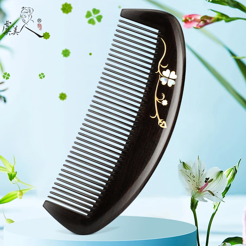 虞美人梳子天然手工檀木梳子嵌贝彩绘梳家用生日节日礼物送女友