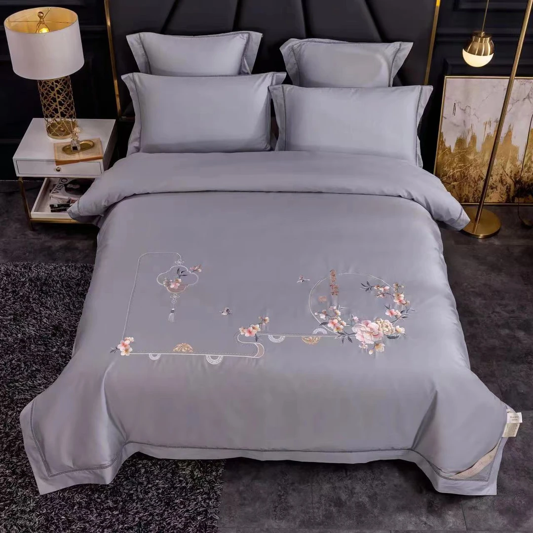 100支全棉绣花被套双人刺绣高档轻奢四季通用被罩亲肤纯色简约