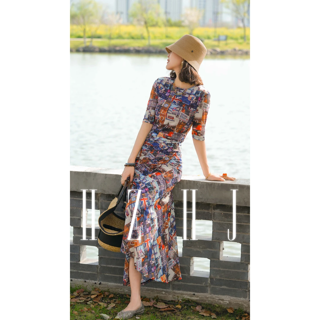 HZHJ原创伦敦显瘦夏季中袖连衣裙蓝色时尚优雅贵族高定走秀169新