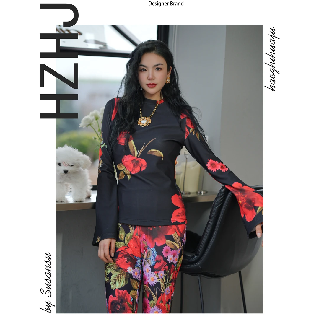 HZHJ新款福利！简约人间富贵花套装   显瘦高级感（上衣 裤子）1664