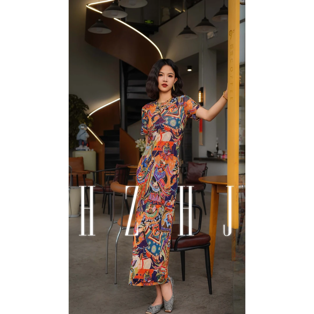 HZHJ新款原创设计师 龙兽连衣裙 显瘦短袖法式洋气御姐278