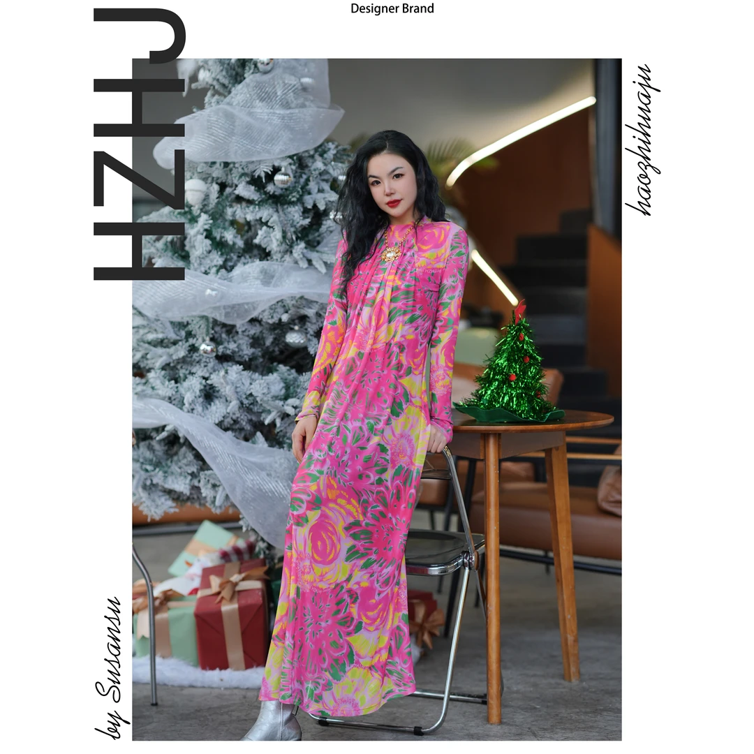 HZHJ新款 糖果烟花 长袖连衣裙 小众洋气高级感轻奢 1093