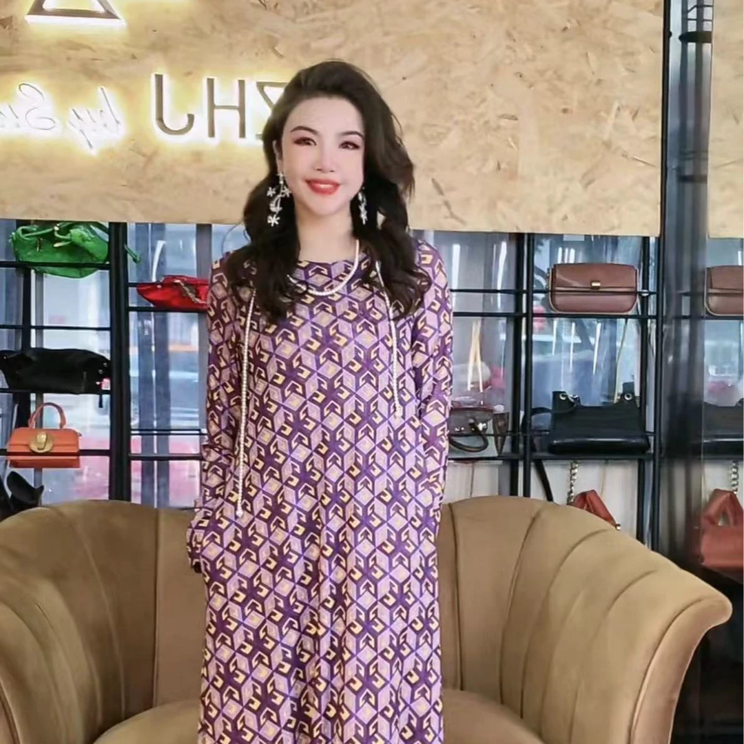 HZHJ新款原创设计师  紫色曼陀罗 连衣裙  复古显白轻奢新春款028