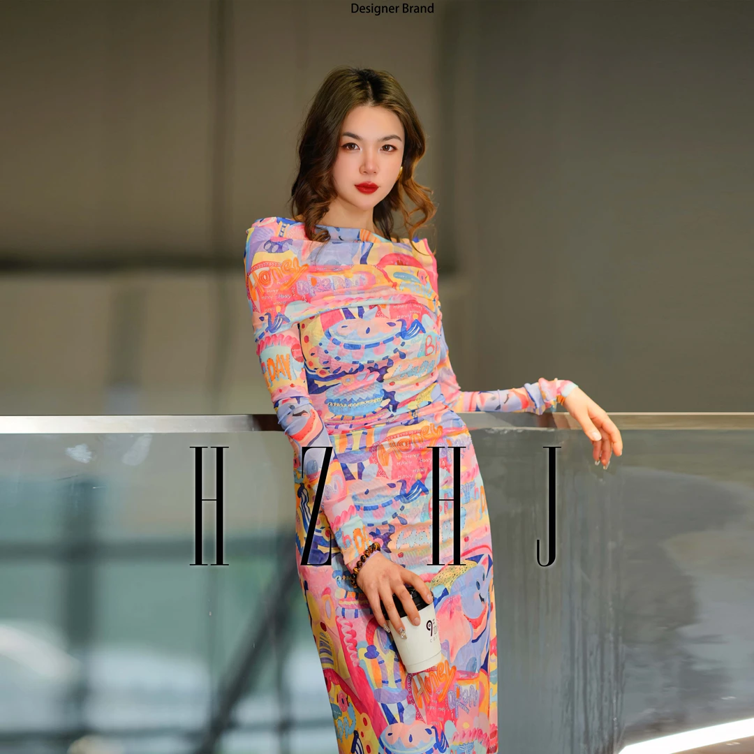 HZHJ新款原创设计师   女神露肩长裙  连衣裙 复古显瘦走秀011