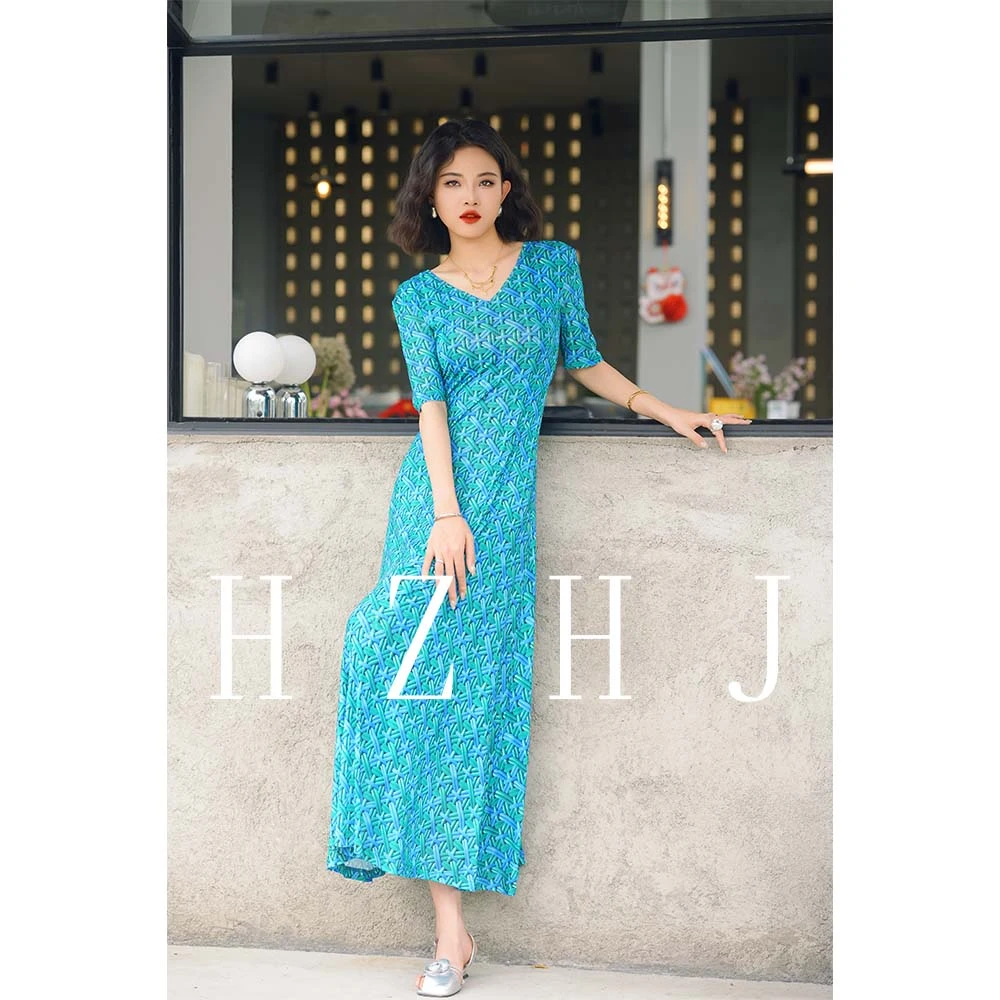 HZHJ原创设计师款  翠色涟漪 连衣裙 V领 显白显瘦高级洋气393