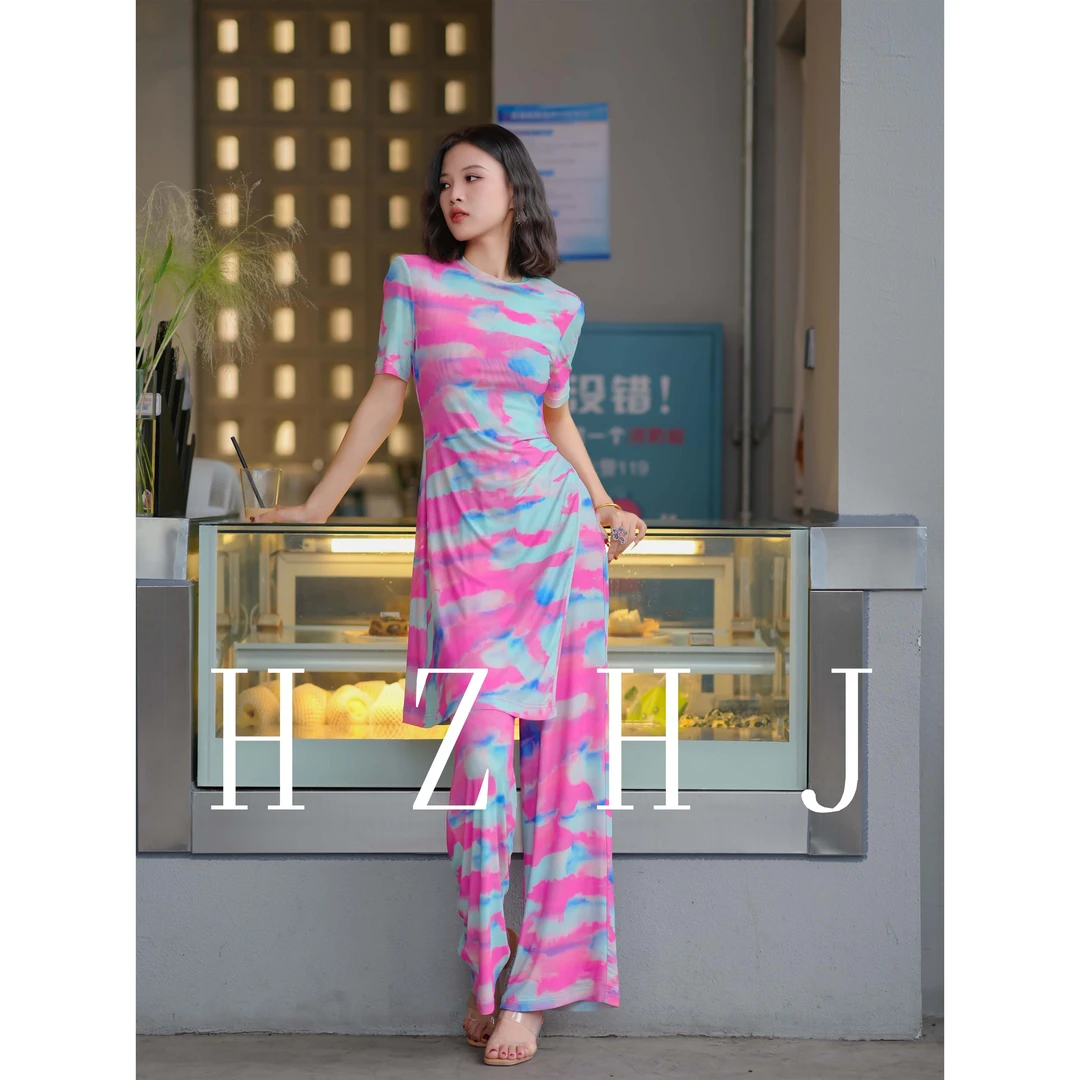 HZHJ原创设计师款   粉蓝流沙 套装裤  显瘦高级洋气奢529