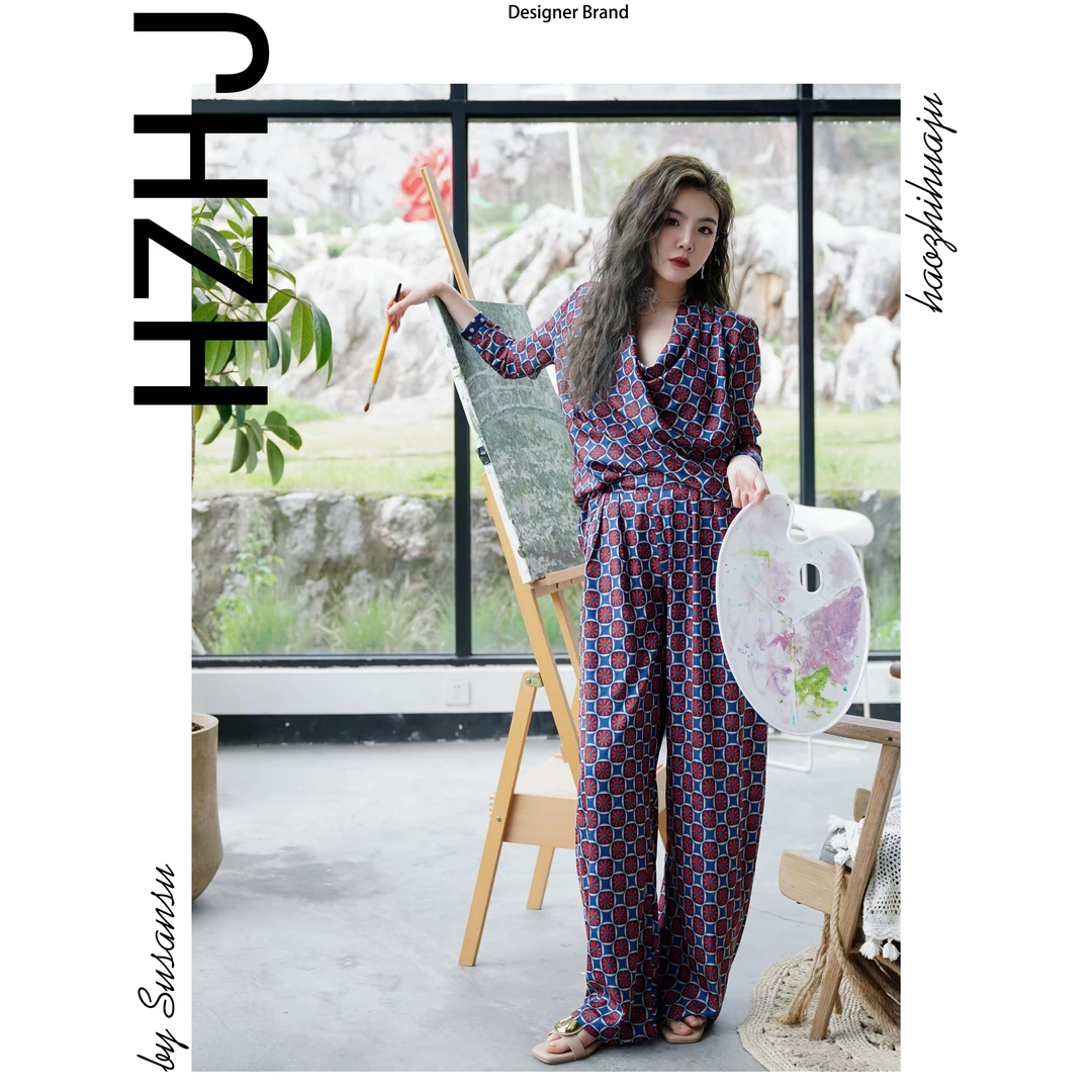 HZHJ新款设计师款 红色小雏菊 套装裤 高端时尚优雅复古 757