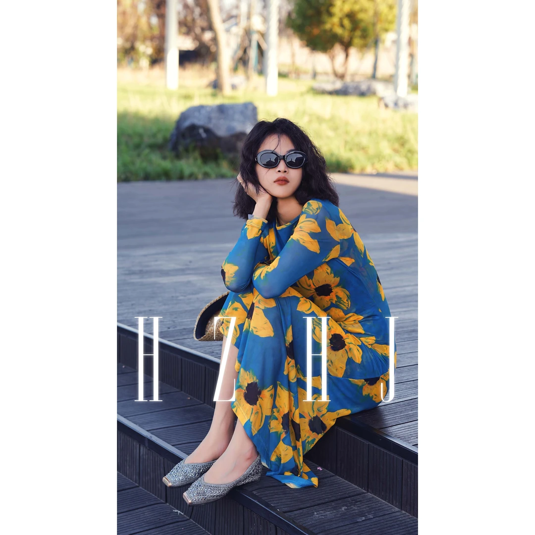 HZHJ新款原创设计绚烂向日葵侧打折”连衣裙长袖花卉秀款260
