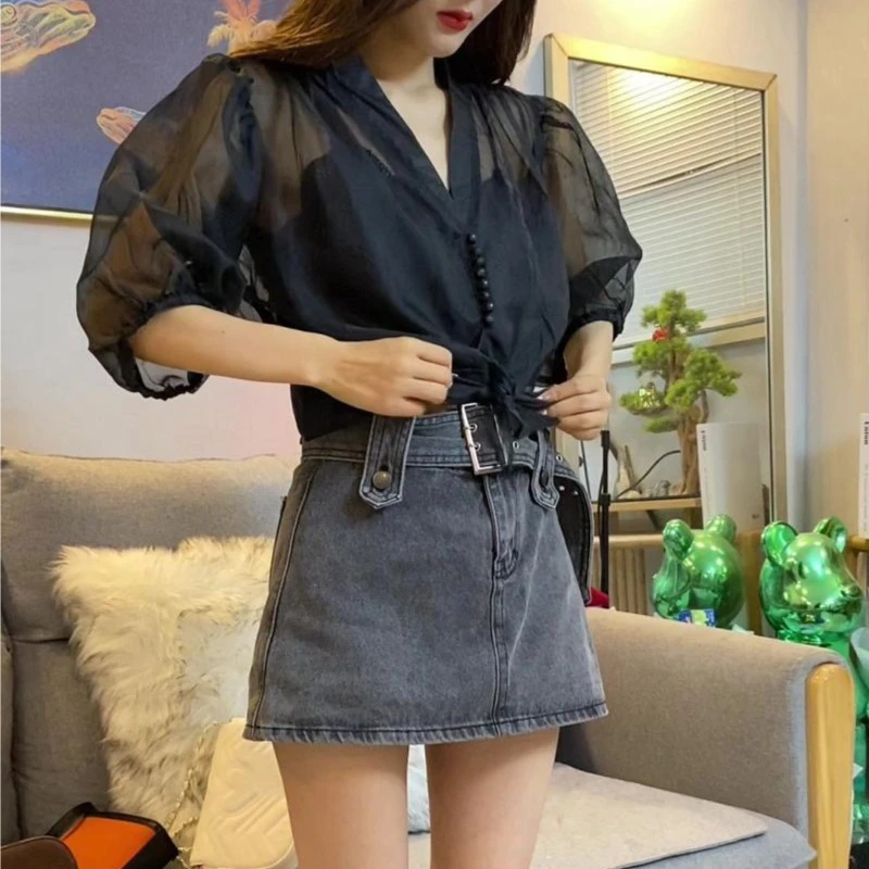 夏季新款设计感小众泡泡袖薄款系带防晒上衣+百搭显瘦牛仔裙