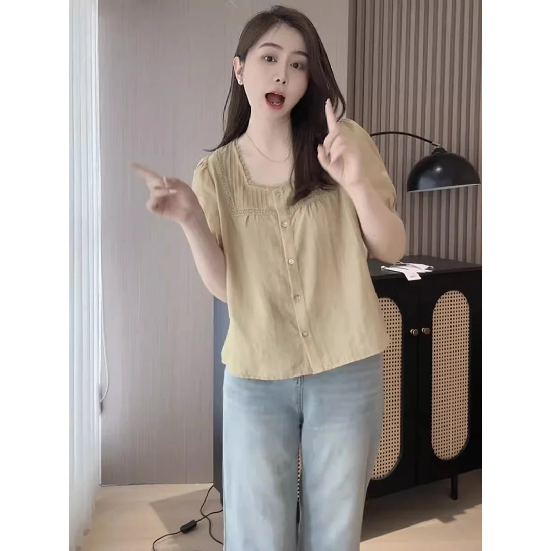 法式设计感小众拼接蕾丝边短袖衬衫女夏季高级感减龄小衫显瘦上衣