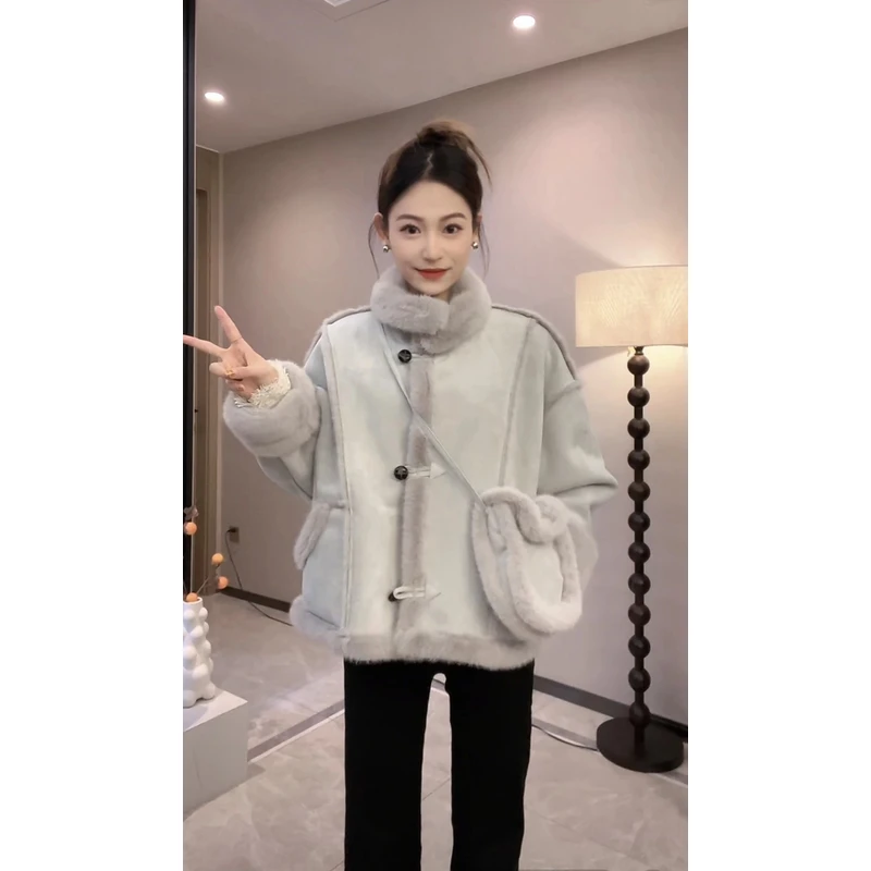 毛毛外套女短款新款皮毛一体冬季韩版宽松立领机车风休闲2578