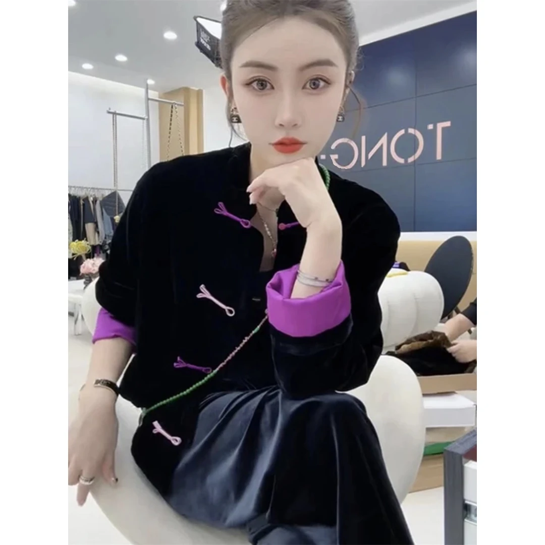 欧洲站初秋新款国潮双色盘扣丝绒长袖外套女新中式高级感气质上衣