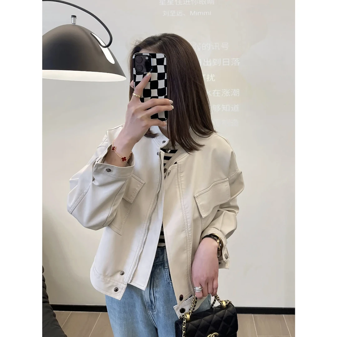 韩国chic美式复古设计感机车风pu皮短外套休闲时尚工装上衣女1538