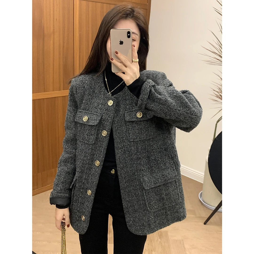 2025新款秋冬季复古气质小香风轻奢外套女宽松加厚小个子风衣2038