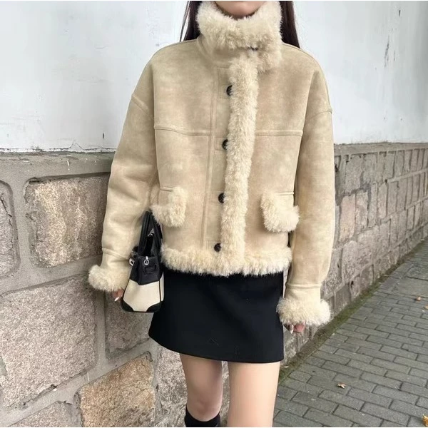 欧货新款宽松加绒皮毛一体小个子外套女冬装新款百搭时尚上衣2571