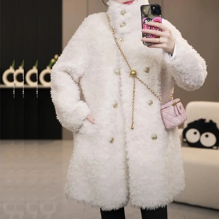 新款中长款冬季加厚双排扣保暖时尚休闲宽松女士百搭毛外套2576