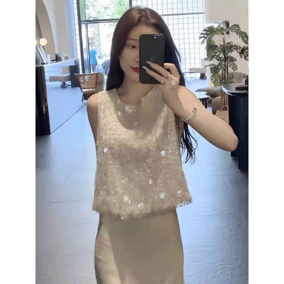 小香风无袖背心女夏季新款高级感气质洋气重工亮片坎肩上衣潮2382