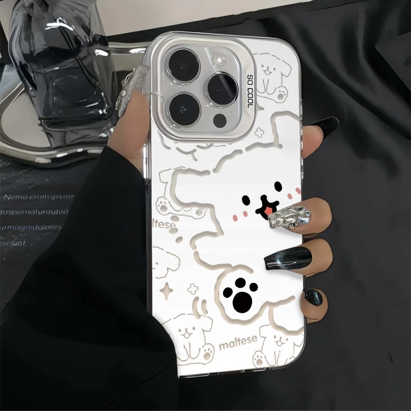 镂空线条小狗适用苹果16pro手机壳可爱华为荣耀100OPPO小米14VIVO