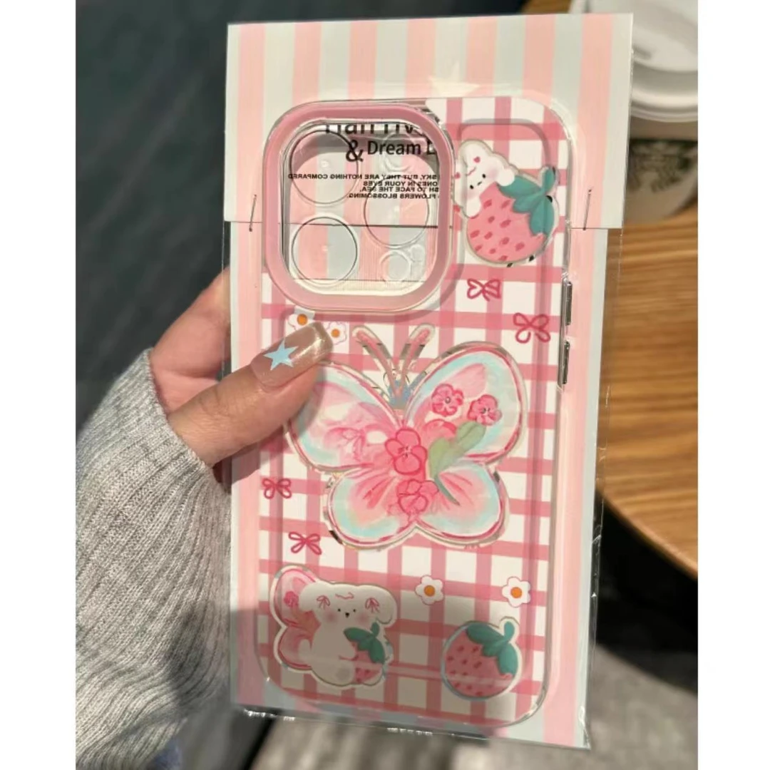 草莓ins蝴蝶适用苹果15promax华为P70vivoS18红米K70透明手机壳13