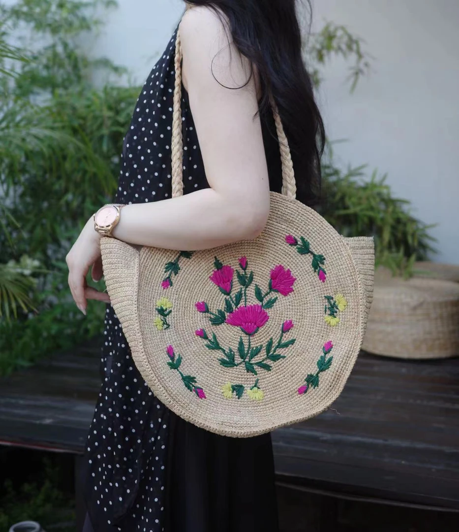 【张厂长家】法式拉菲草圆形文艺大容量托特包刺绣手工编织草编包