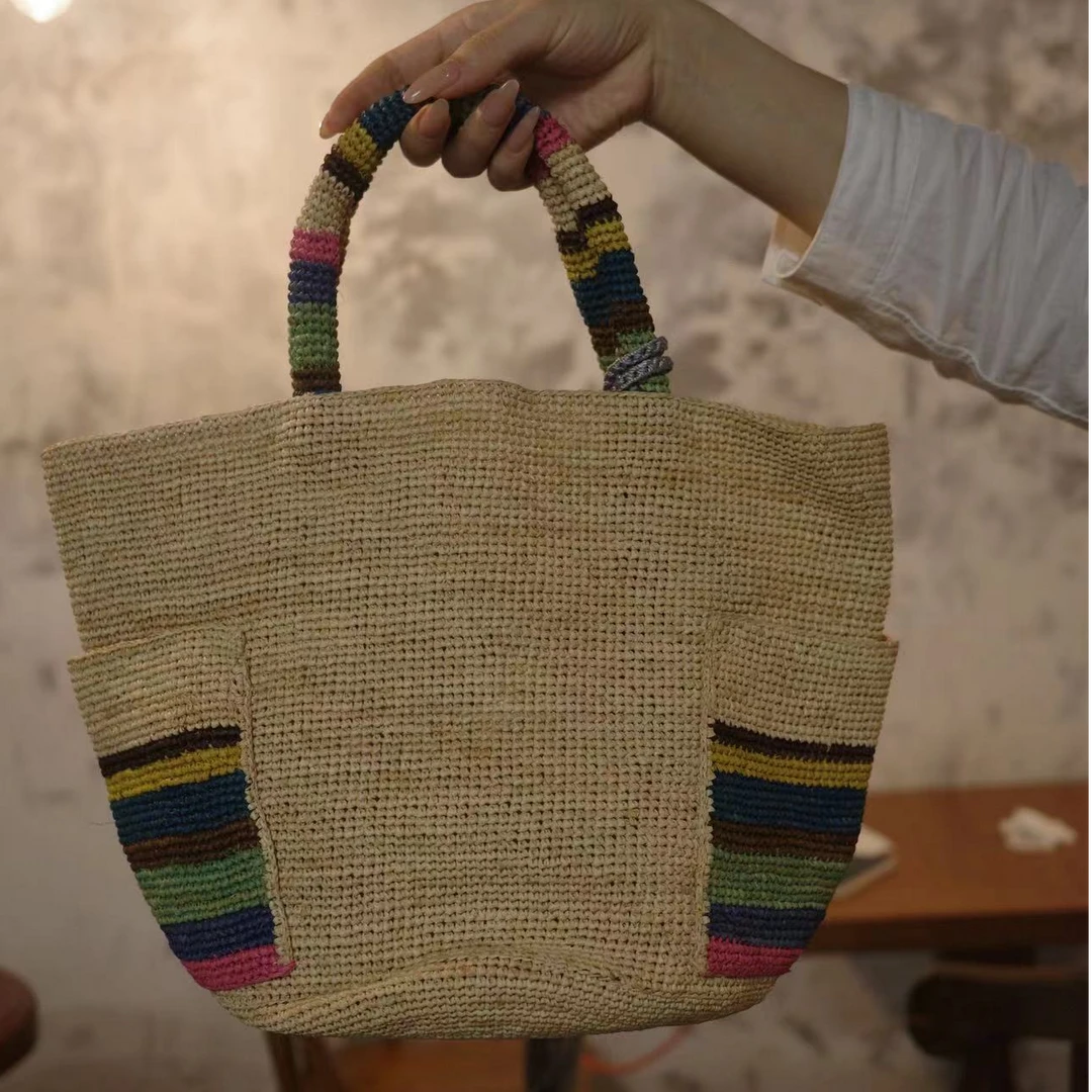 【张厂长家】彩虹肩带手提拉菲草包时尚休闲条纹编制拼色手提包包