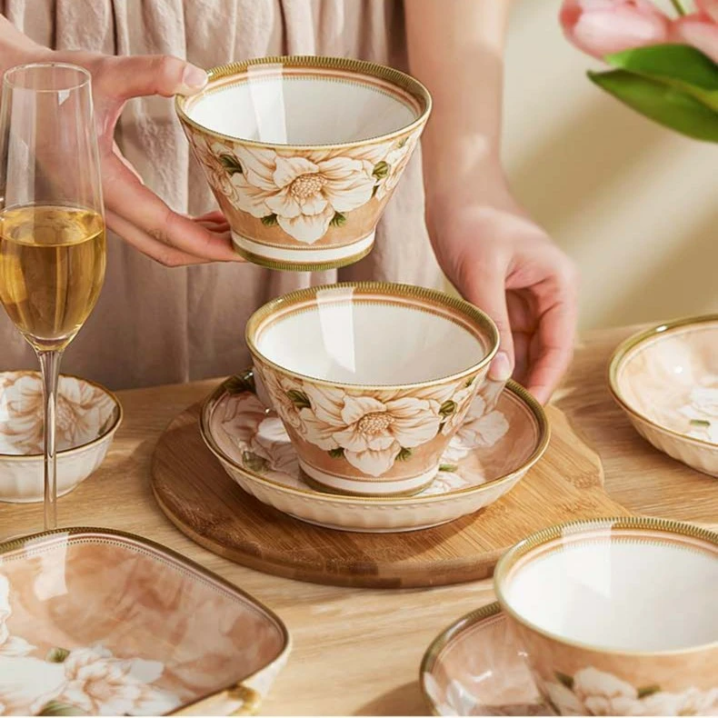 山茶花斗笠饭碗带勺日式吃饭碗家用陶瓷碗2023年新款好看的餐具