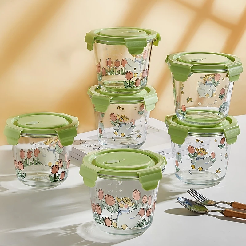 2个装700ml小胖鸭便携外带玻璃汤杯上班微波炉加热装带盖保鲜盒