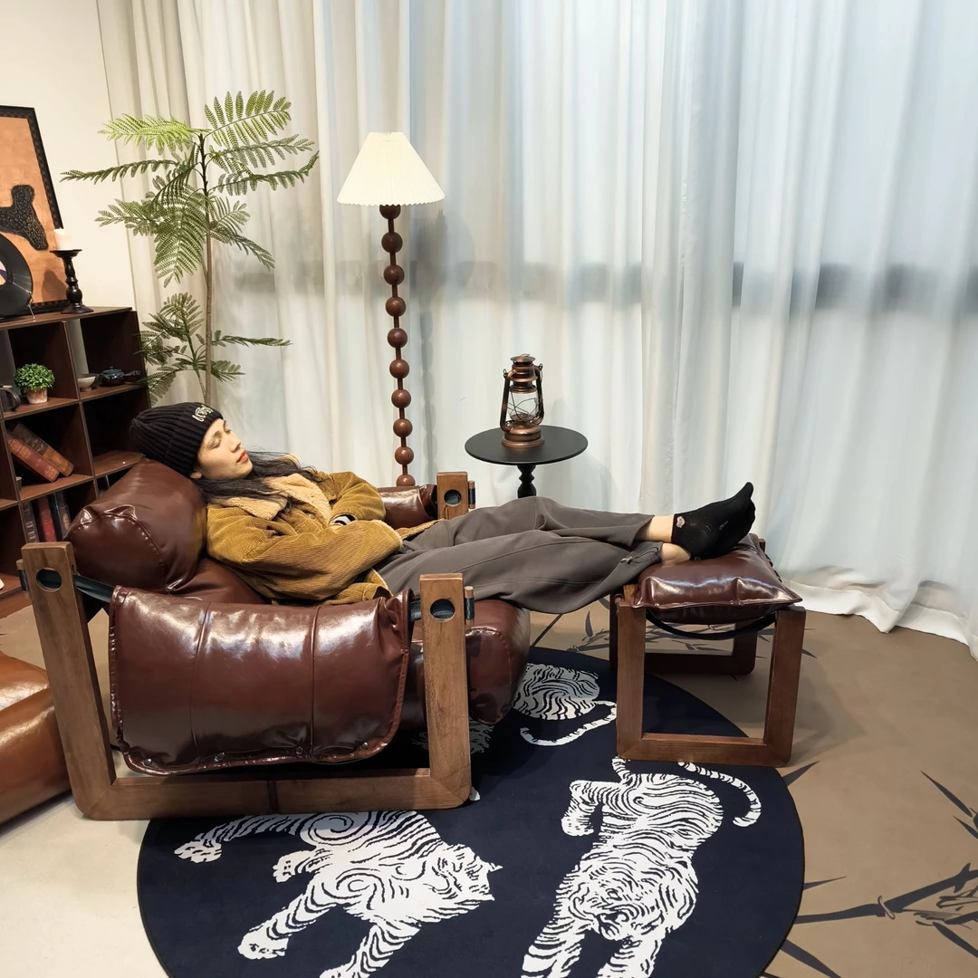 中古风单人实木真皮沙发泽西岛客厅家用现代简约休闲复古休闲躺椅