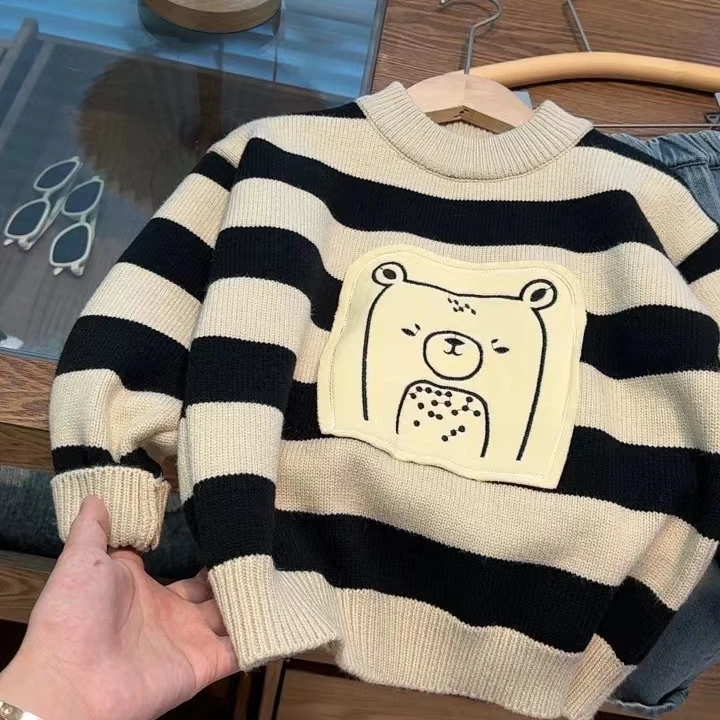 【反季】2024秋冬新品儿童毛衣条纹男童套头黑色圆领黑白毛衫时尚