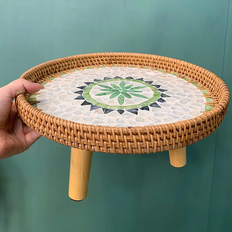 东南亚风贝壳镶嵌藤编小边几小茶几桌面果盘