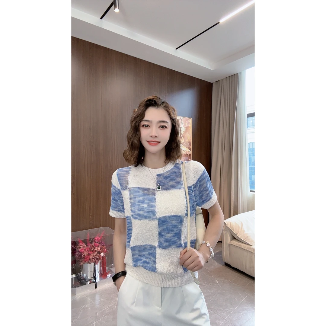 “棋盘格”时尚撞色女士短袖T恤H313TX01C24638