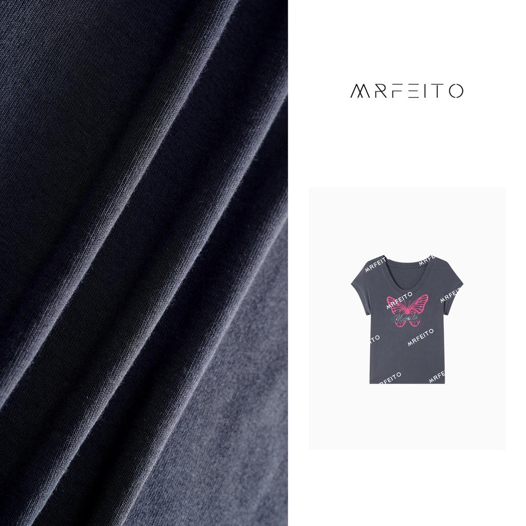 MRFEITO蝴蝶印花字母烫钻短袖女士针织衫H16M01X25187