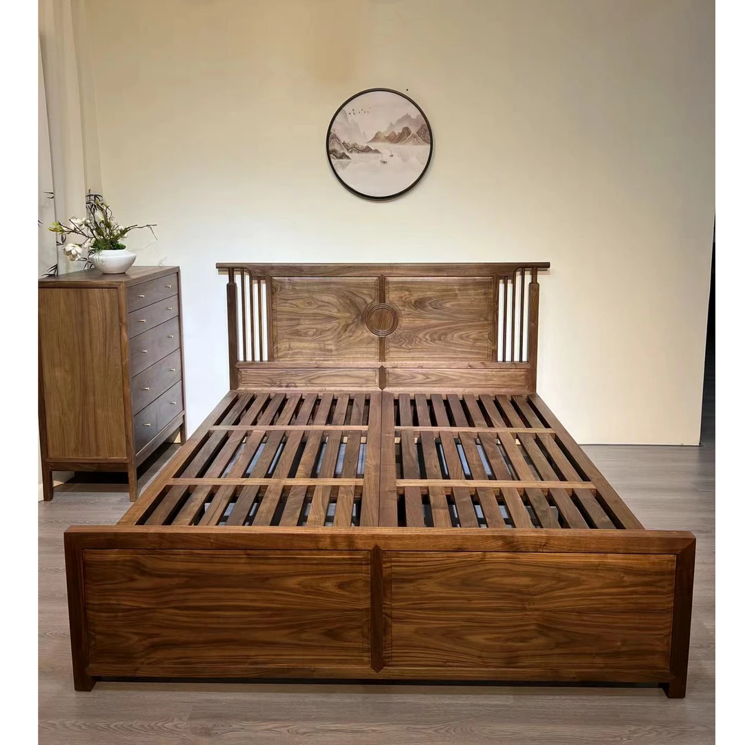 新中式双人床实木黑胡桃木现代简约主卧1.8米原木高箱储物大床