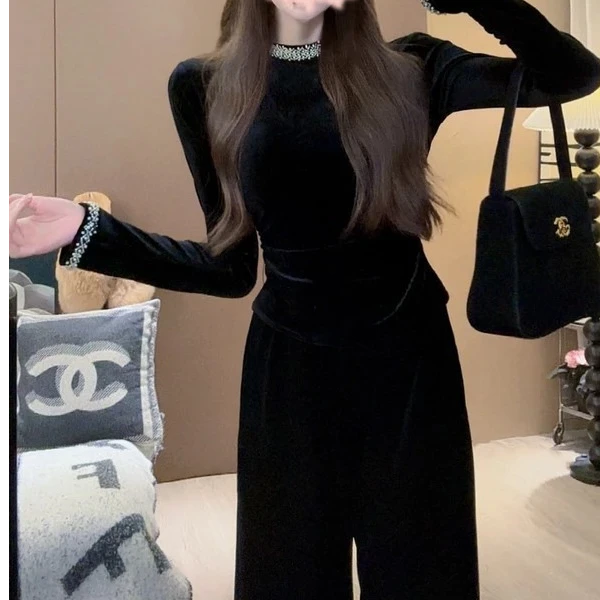 百搭显瘦设计感拼接珠珠花边气质丝绒上衣+长裤
