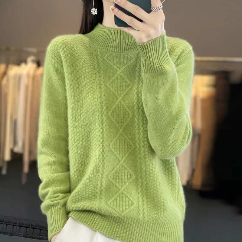 时尚百搭经典款！100纯羊毛衫纯色半高领扭花套头针织衫