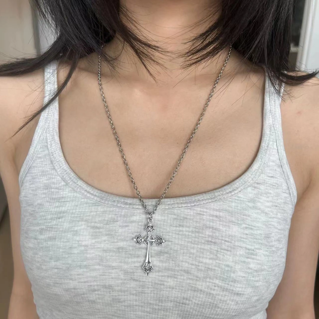 钛钢树脂项链 钛钢双层可叠带十字架项链辣妹辣妹百搭设计感