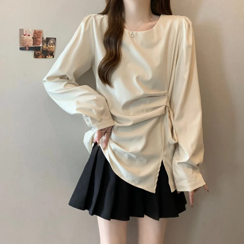 法式圆领独特泡泡袖衬衫女2024秋新款大码胖mm显瘦收腰不规则上衣