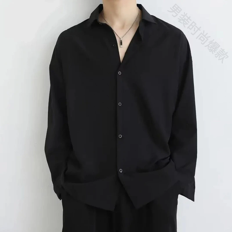 宽松垂感黑色衬衫男长袖春秋季高级感痞帅男士休闲男装冰丝衬衣潮