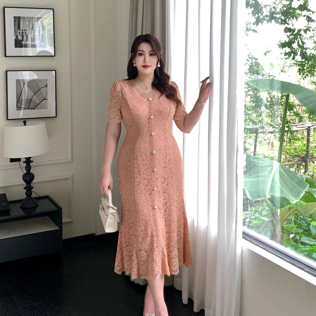 大码女装夏季新款高端重工法式小香风名媛蕾丝鱼尾连衣裙 G862A