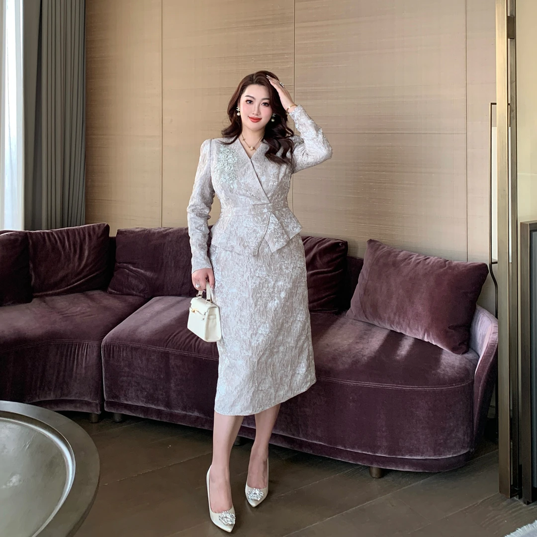 GLEC大码女装秋冬装重工轻奢钉珠提花气质高级假两件连衣裙G910B