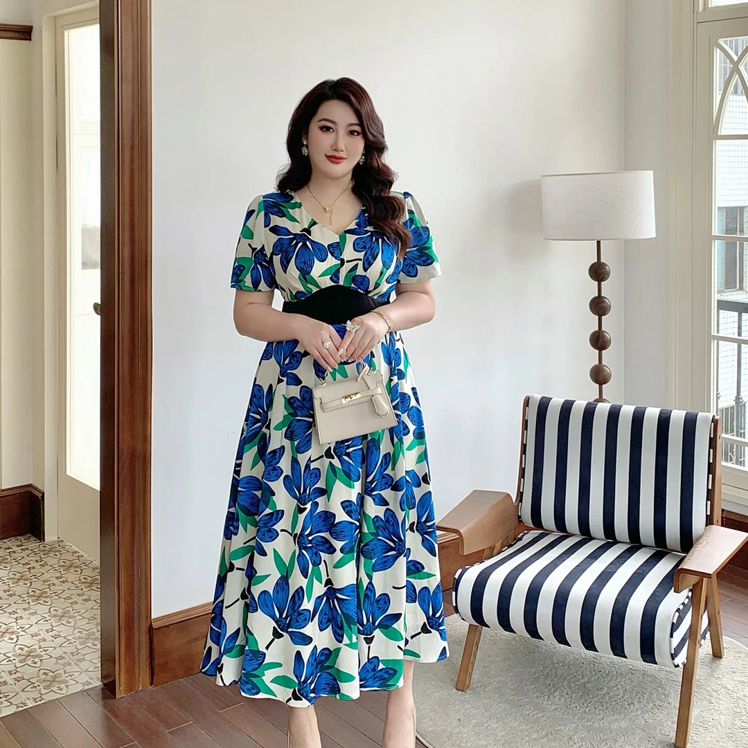 大码女装夏新款重工轻奢复古礼服荷叶边波点蕾丝连衣裙G909A